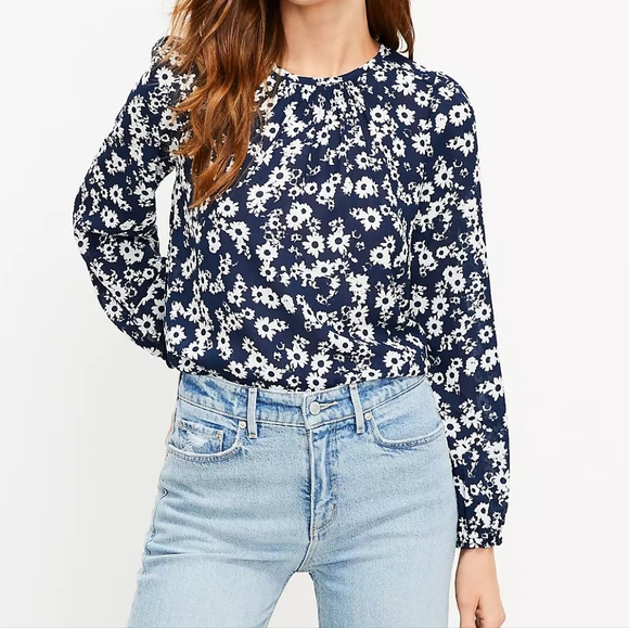 LOFT floral shirred neck long sleeves top, medium, blue - Picture 1 of 11